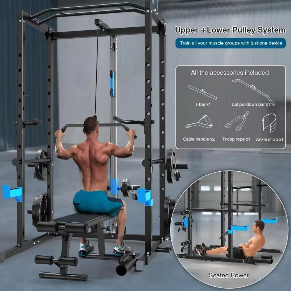 Power Cage, Multi-Functional Power Rack with J-Hooks, Dip Handles, Landmine Attachment and Optional Cable Pulley System